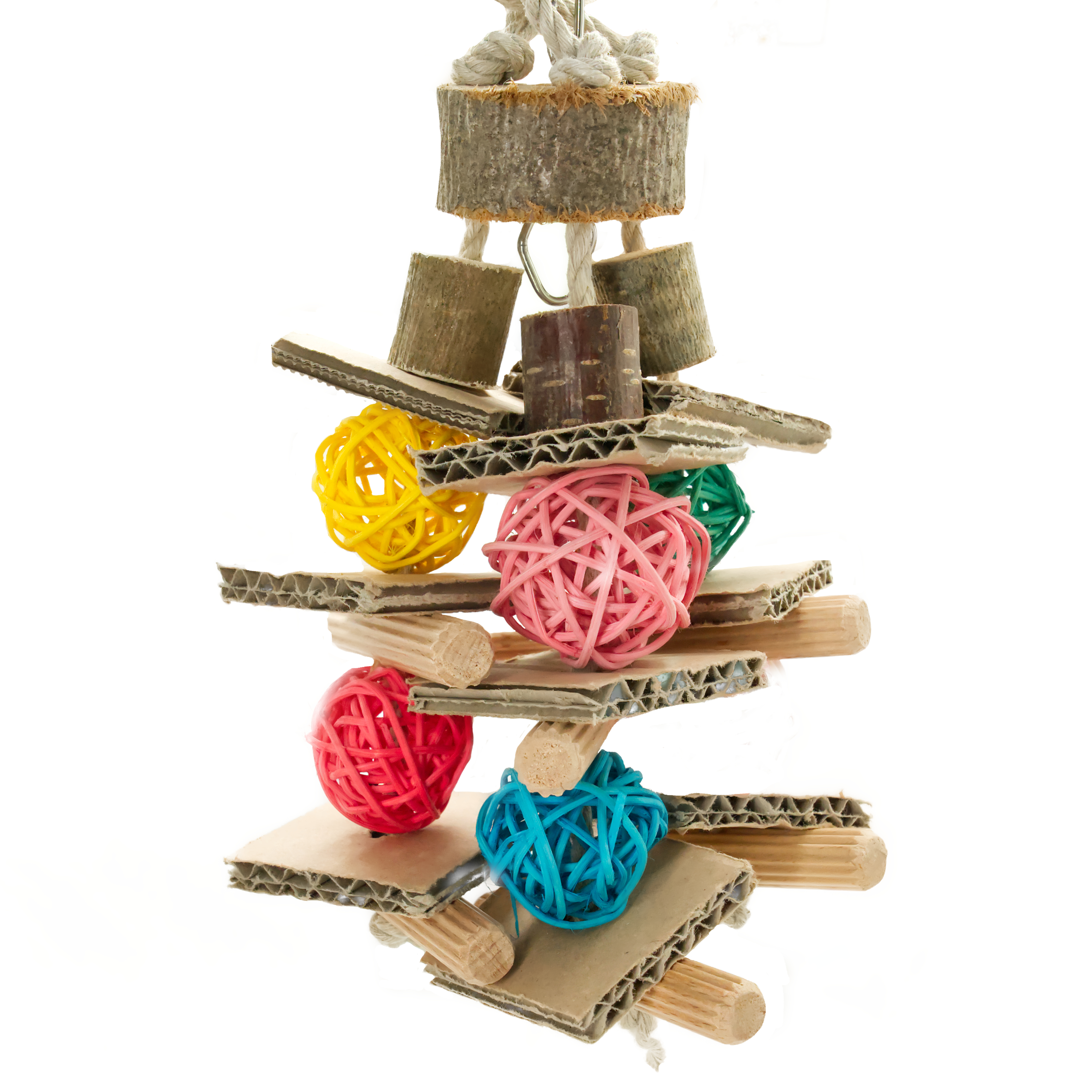 sittich-schredder-mit-bunten-rebenkugeln-pappe-und-olzst-bchen Sittich Schredder mit bunten Rebenkugeln, Pappe und Holzstäbchen