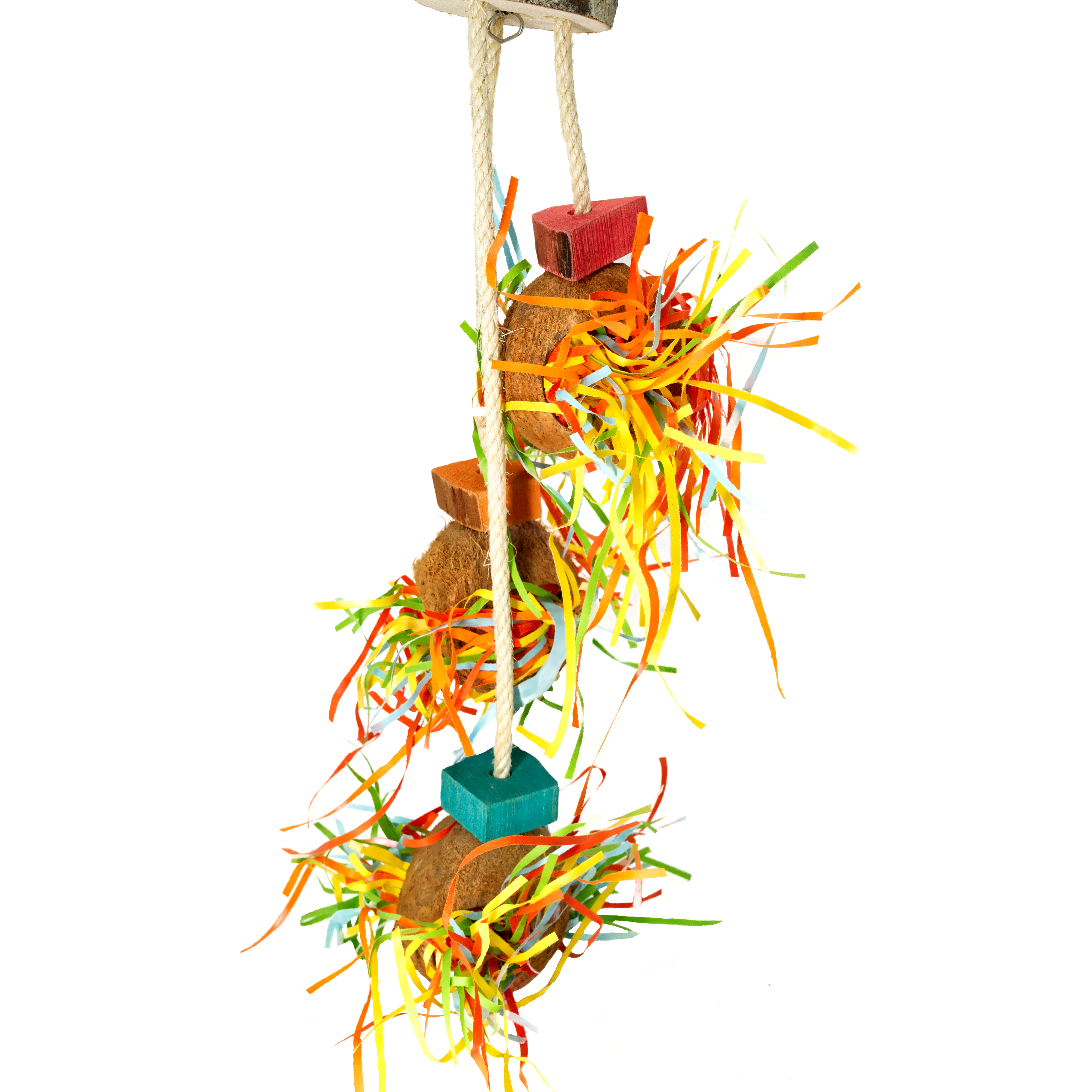 3er_kokosnuss_versteckspiel_fuer_sittiche_und_papageien_koernerbude_1 3er Cocosnuss Versteck zur Futtersuche an Sisalseilen